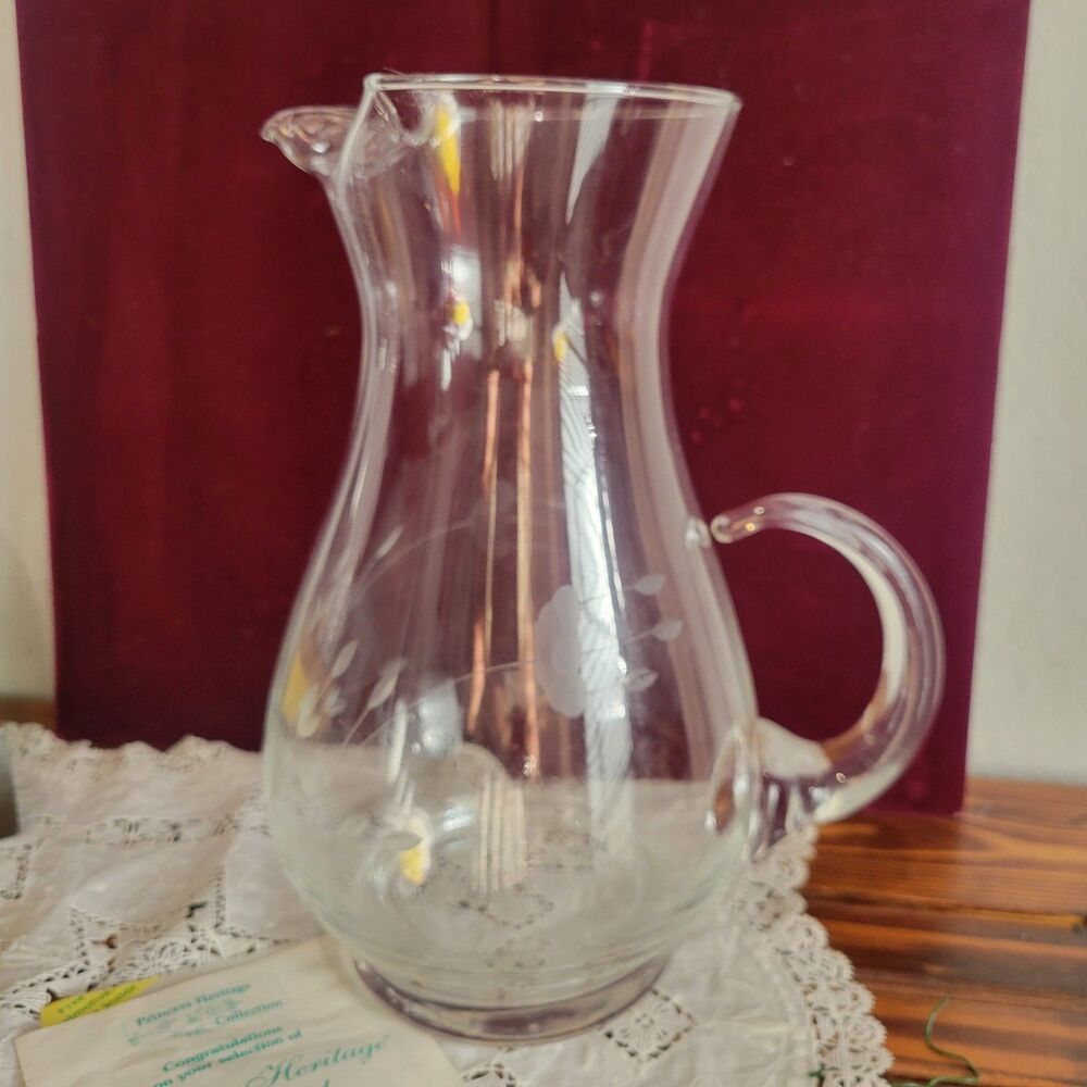Vintage Princess House Heritage Handblown Etched Crystal Drinking Pitcher 10"